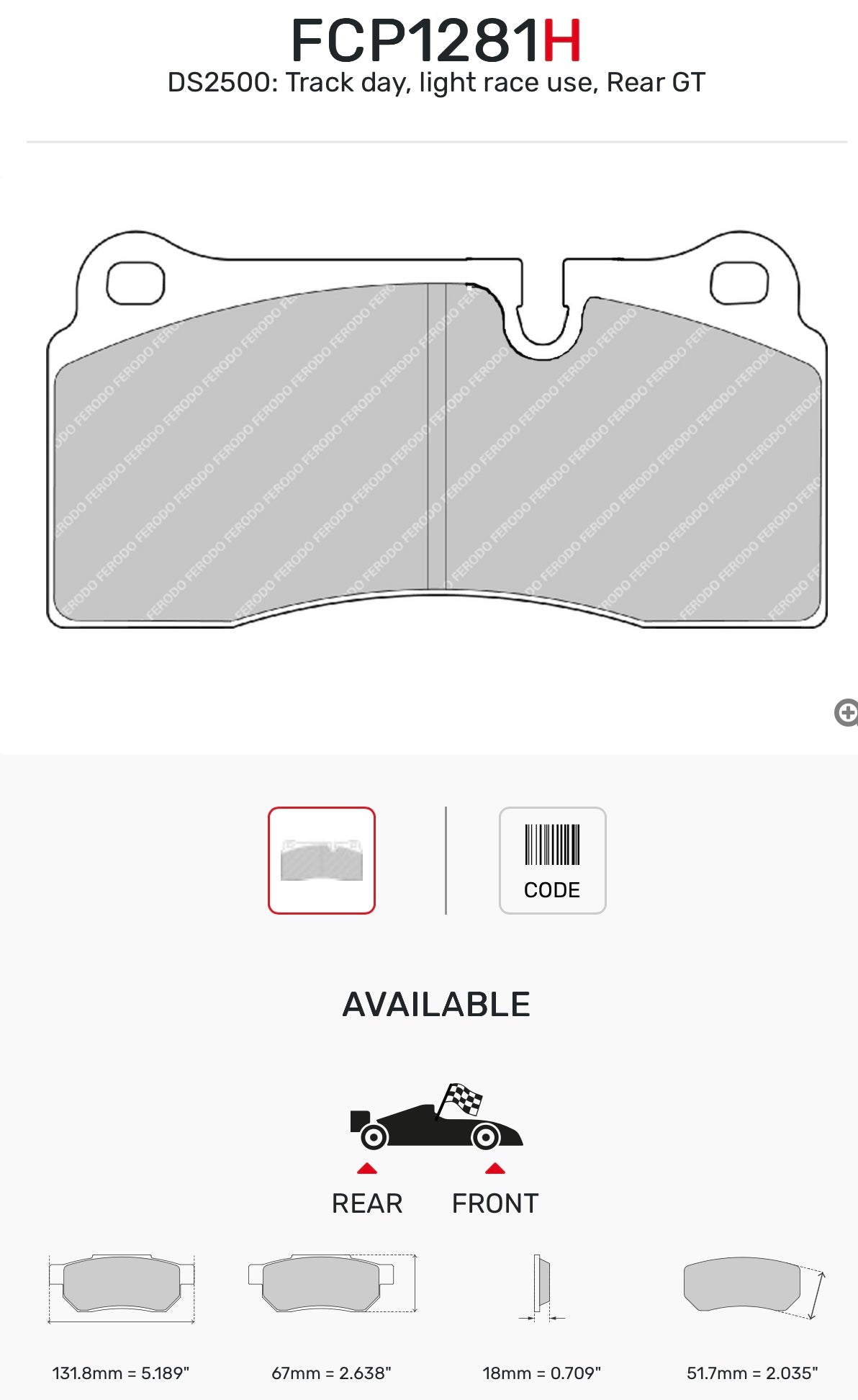 FERODO DS2500 FCP1281H BRAKE PAD FOR R35 (REAR) / Brembo GT4